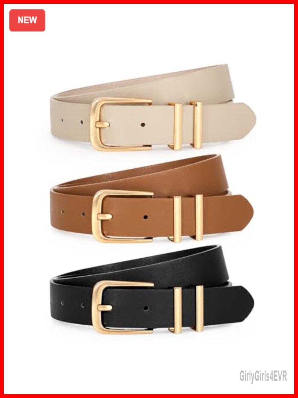 3 Pack Faux Leather Belts Gold Buckle Dress Jeans Pants